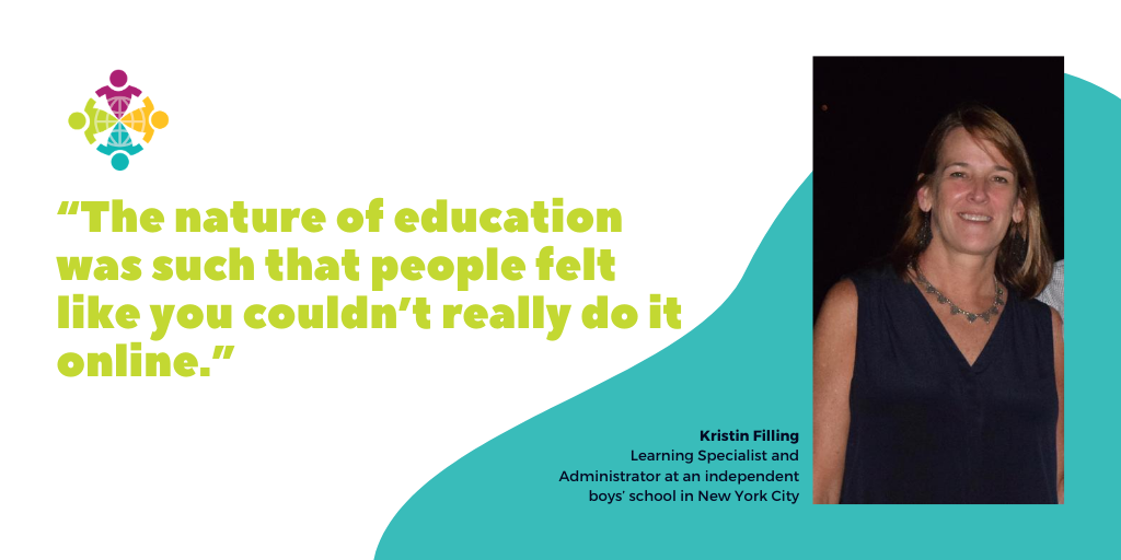 The graphic shows Kristin Filling, a learning specialist in NYC who is adapting to remote learning.